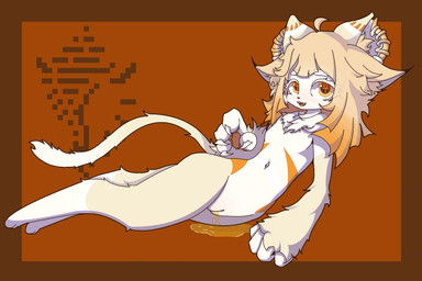 ankh_marking bodily_fluids embarrassed female female_peeing genital_fluids genitals looking_at_viewer lying nude open_mouth peeing smile smiling_at_viewer urine urine_on_ground vulva watersports young cassis felid feline felis mammal hi_res