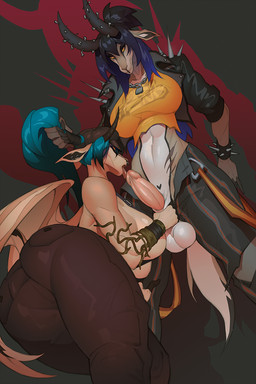 anthro anthro_on_anthro ball_grab balls biped breasts butt clothed clothed_anthro clothed_female clothing crossgender duo ear_piercing erection facial_piercing female fingers flesh_tunnel front_view ftg_crossgender fti_crossgender fur furgonomic_piercing furgonomics gauged_ear genitals gynomorph gynomorph/female hair hat headgear headwear heart_(marking) horn horn_piercing intersex intersex/female labret_piercing lip_piercing lip_ring markings nose_piercing nose_ring penis piercing rear_view ring_piercing scar septum_piercing septum_ring simple_background smile standing tail wings okithau deadlock_(game) valve efa_(mrdirt) layla_(mrdirt) antelope bovid caprine gazelle goat mammal 2026 2:3 digital_drawing_(artwork) digital_media_(artwork) hi_res