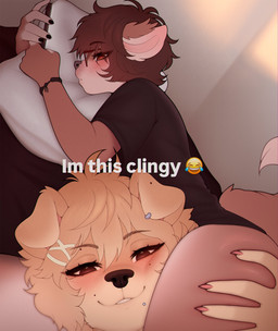 ambiguous_gender anthro black_nose blonde_hair brown_hair caption clothing duo ear_piercing ear_ring emoji facial_piercing femboy floppy_ears hair head_between_thighs hug hugging_object hugging_pillow lip_piercing looking_at_viewer makeup male male/ambiguous mascara mole_under_eye piercing pillow ring_piercing shirt smile t-shirt text topwear puppybf i'm_this_clingy canid canine canis domestic_dog mammal absurd_res english_text hi_res meme