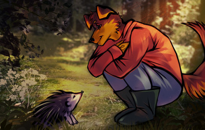ambiguous_gender anthro biped boots bottomwear brown_body brown_fur clothed clothing crouching detailed_background duo feral floppy_ears folded_ears footwear fully_clothed fur looking_at_another male nature_background outside pants plant quadruped shirt shoes smile smiling_at_another snout tail topwear tree kalibri_chan nlija_(character) canid canine canis domestic_dog eulipotyphlan hedgehog mammal hi_res