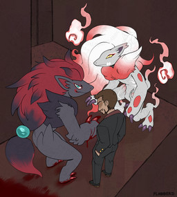 ambiguous_gender anthro blood blood_on_claws bodily_fluids business_suit clothing group hallway looking_at_viewer male suit trio flabberd nintendo pokemon generation_5_pokemon generation_8_pokemon hisuian_form hisuian_zoroark human mammal pokemon_(species) regional_form_(pokemon) zoroark