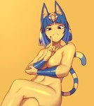 anthro arms_bent arms_in_front bent_legs breasts crossed_legs female hand_on_arm hand_on_elbow hand_on_own_arm hand_on_own_elbow holding_arm holding_elbow leg_over_thigh looking_at_viewer nude sitting solo thick_thighs 7sukasa animal_crossing nintendo ankha_(animal_crossing) domestic_cat felid feline felis mammal hi_res