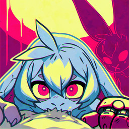 anthro deep_throat fellatio female group hair hologram looking_at_viewer male oral oral_penetration penetration penile prosthetic red_sclera sex simple_background trio white_hair yellow_eyes polygoncherub clover_(polygoncherub) lagomorph leporid mammal rabbit 1:1 hi_res