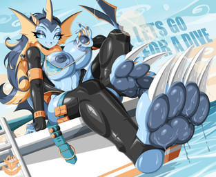 anthro areola big_breasts bikini boat breasts claws clothed clothing diving_suit dripping feet female foot_focus hair latex legwear lens_flare looking_at_viewer membrane_(anatomy) navel nipple_fetish nipple_play nipples pawpads paws smile soles solo stockings swimwear tail teeth text thick_thighs toe_claws toes topwear two-piece_swimsuit vehicle water watercraft webbed_feet webbed_hands wet wetsuit krampuscorner nintendo pokemon aquatic eeveelution generation_1_pokemon mammal pokemon_(species) vaporeon absurd_res digital_media_(artwork) english_text hi_res
