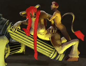 ambiguous_penetration anthro big_breasts blue_eyes braided_hair breasts brown_body brown_fur cloven_hooves column duo erection eyes_closed female female_penetrated fur genitals hair hand_on_hip hooves horn human_on_anthro inside interspecies larger_female larger_penetrated leaning long_hair looking_back male male/female male_penetrating male_penetrating_female nipples nude open_mouth penetration penis red_hair sex size_difference smaller_male smile smirk white_body white_fur hattonslayden blizzard_entertainment warcraft moobuu bovid bovine human mammal tauren 2015
