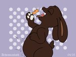 ambiguous_gender anthro belly belly_expansion candy chocolate dessert exclamation_point expansion flat_chested food group gummy_(food) micro multiple_prey oral_vore pawpads size_difference teeth vore achromasloth animate_inanimate bear food_creature lagomorph leporid living_candy living_chocolate mammal rabbit 2025 4:3 digital_drawing_(artwork) digital_media_(artwork) flat_colors signature
