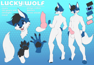 anthro balls black_hair blue_body blue_eyes blue_fur butt fur genitals hair happy male nude paws penis smile solo tail teeth white_body white_fur blu_shun lucky_wolf canid canine canis mammal wolf absurd_res hi_res model_sheet