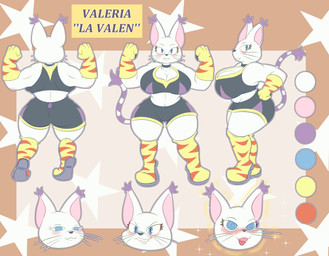 anthro armwear big_breasts big_ears blue_eyes blush boots bottomwear breasts clothing color_swatch crop_top ear_tuft elbow_gloves expressions fangs female flexing flexing_bicep flexing_both_biceps footwear gloves handwear knee_boots knee_highs legwear markings shirt shoes shorts side_view solo star striped_markings striped_tail stripes tail tail_markings teeth thick_thighs topwear tuft whiskers wrestler_costume unknown_artist bandai_namco digimon valeria_(yappingeevee) digimon_(species) domestic_cat felid feline felis gatomon mammal absurd_res hi_res model_sheet