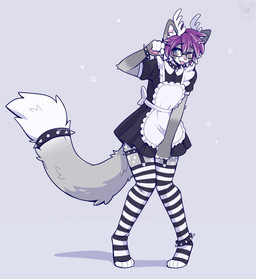 4_fingers anthro cheek_tuft clothed clothing collar crossdressing eyewear facial_tuft femboy fingers fur glasses grey_body grey_fur hair hair_between_eyes horn inner_ear_fluff legwear maid_apron maid_uniform male one_eye_closed pattern_clothing pattern_legwear pattern_stockings pawpads pink_nose pink_pawpads pose purple_hair short_hair simple_background solo spiked_collar spikes standing stockings striped_clothing striped_legwear striped_stockings stripes tail tongue tongue_out tuft uniform wearing_glasses white_body white_fur white_horn fleurfurr domestic_cat felid feline felis mammal cel_shading colored digital_drawing_(artwork) digital_media_(artwork) hi_res shaded