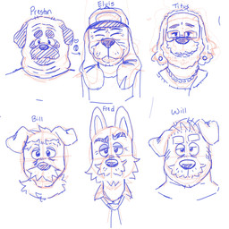 chest_tuft clothing digit_ring ear_piercing eyebrows facial_hair fishing_hat flesh_tunnel floppy_ears gauge_piercing jewelry male mature_male mullet mustache necklace necktie overalls piercing raised_eyebrow ring simple_background text tuft wedding_ring white_background p_rindustries bill_(p_rindustries) elvis_(p_rindustries) fred_(p_rindustries) preston_(p_rindustries) titus_(p_rindustries) will_(p_rindustries) canid canine canis dobermann domestic_dog mammal molosser pinscher pug small_molosser toy_dog wolf 1:1 english_text guide_lines hi_res model_sheet sketch