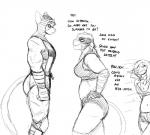 anthro asinus big_breasts black_and_white bovid breasts bullying_the_dragon caprine cat_knight clothed clothing dialogue donk_sis_(hladilnik) donkey english_text equid equine felid feline female group hi_res hladilnik jane_doe_(hladilnik) mammal mask monochrome muscular muscular_female scar sheep text wrestling wrestling_match