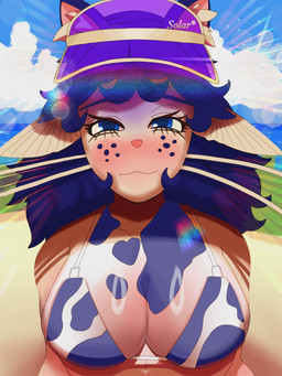 1980s_theme animal_print animal_print_bikini anthro barbel_(anatomy) beach bedroom_eyes big_breasts bikini blue_ears blue_eyes blush breasts clothing cloud cow_print cow_print_bikini curly_hair female fin freckles gradient_hair hair humanoid_face inner_ear_fluff lake lens_flare narrowed_eyes non-mammal_breasts pattern_bikini pattern_clothing pattern_swimwear pink_body retro retro_anime_style seductive simple_background smile smiling_at_viewer solo sun sun_visor swimwear tuft two-piece_swimsuit water wavy_hair white_body daybreakfade celine_(daybreakfade) aquatic catfish fish 3:4 absurd_res cover hi_res huge_filesize magazine_cover