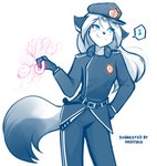 2023 adobe_photoshop_(artwork) alternate_version_at_source anthro belt belt_buckle blush buckle canid canine clothed clothing conditional_dnp cuff_(restraint) dessert digital_media_(artwork) eyebrow_through_hair eyebrows eyelashes eyelashes_through_hair female food fox fuzzy_handcuffs gloves hair hand_in_pocket handcuffs handwear hi_res holding_handcuffs holding_object humming keidran laura_(twokinds) long_hair looking_aside mammal metal_cuffs monochrome musical_note musical_symbol object_swing pockets police police_badge police_hat police_officer police_uniform red_fox restraints sketch solo spot_color symbol tail tom_fischbach translucent translucent_hair true_fox twokinds uniform