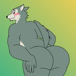 anthro big_butt blush blush_lines butt butt_grab chin_tuft facial_tuft fur green_body green_fur hand_on_butt head_tuft looking_at_butt looking_back looking_down looking_pleasured male multicolored_body multicolored_fur presenting presenting_hindquarters raised_tail rear_view simple_background simple_coloring smile solo tail tan_body tan_fur thick_thighs touching_own_butt tuft two_tone_body two_tone_fur wide_hips wolfox90210 beastars legoshi_(beastars) canid canine canis mammal wolf 1:1 hi_res