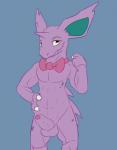 anthro anthrofied balls biped bow_(feature) bow_tie claws cute_fangs erection foreskin generation_1_pokemon genitals half-closed_eyes hi_res horn humanoid_genitalia humanoid_penis looking_at_viewer male mammal narrowed_eyes navel nidorino nintendo nude partially_retracted_foreskin penis pink_body pink_skin pokemon pokemon_(species) posexe red_eyes simple_background solo standing
