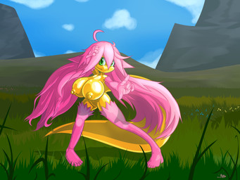 anthro big_breasts breasts curvy_figure female fur gold_body gold_scales grass grass_field grassland green_eyes hair huge_breasts long_hair long_tail messy_hair mountain pink_body pink_fur pink_hair plant short short_stack sky solo tail alenicia_(artist) mythology alenicia_(character) dragon eastern_dragon mythological_creature mythological_scalie scalie 2025 absurd_res hi_res