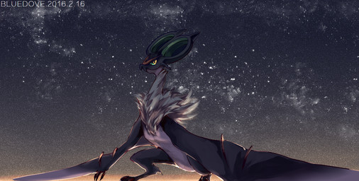ambiguous_gender anthro claws cosmic_background fur grey_body grey_fur membrane_(anatomy) membranous_wings multicolored_body solo star two_tone_body wings yellow_eyes lan_jiu nintendo pokemon generation_6_pokemon noivern pokemon_(species) 2016 dated signature