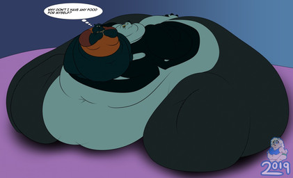 anthro belly big_belly big_butt blobby blue_body blue_fur blue_nose bottomwear breasts butt clothed clothing container deep_navel duo eating female food fur green_body holding_object huge_belly huge_butt huge_thighs hyper hyper_belly hyper_butt hyper_thighs immobile larger_female morbidly_obese morbidly_obese_anthro morbidly_obese_female navel obese obese_anthro obese_female overweight overweight_anthro overweight_female pants shirt sitting sitting_on_breasts size_difference smaller_female tail text thick_thighs topwear torn_clothing torn_shirt torn_topwear glwuffie night_in_the_woods bea_santello mae_borowski crocodile crocodilian domestic_cat felid feline felis mammal reptile scalie 2019 english_text widescreen