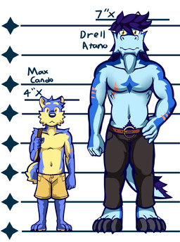 belt blue_body blue_fur blue_hair bottomwear chart claws clothing fur hair height_chart lineup pants police_lineup shorts size_difference tail toe_claws yellow_eyes ventkazemaru mythology drell_atano max_cando canid canine canis domestic_dog dragon mammal mythological_creature mythological_scalie scalie shiba_inu spitz