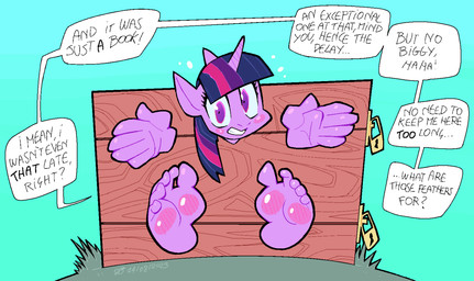anthro blush feet female foot_focus horn humanoid_feet lock offscreen_character padlock plantigrade simple_background solo speech_bubble text oddjuice friendship_is_magic hasbro my_little_pony mythology twilight_sparkle_(mlp) equid equine mammal mythological_creature mythological_equine unicorn 2025 dated english_text