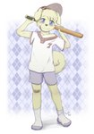 anthro band-aid band-aid_on_knee band-aid_on_leg bandage baseball_bat bat_(object) biped blue_eyes bottomwear clothed clothing floppy_ears footwear fur holding_baseball_bat holding_object looking_at_viewer male shirt shorts smile smiling_at_viewer socks solo tail topwear yoke_pose young young_anthro young_male khaimera canid canine canis domestic_dog mammal absurd_res hi_res