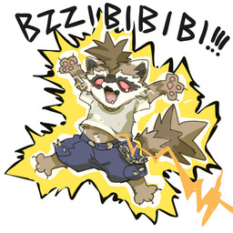 anthro bottomwear brown_body brown_fur clothing electricity electrocution fur lightning male navel pants pawpads red_eyes shirt solo tank_top topwear sisijimakarashi guardians_of_the_galaxy marvel marvel_rivals rocket_raccoon mammal procyonid raccoon 1:1 absurd_res hi_res