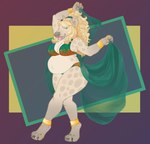 anklet anthro belly belly_dancer big_belly big_breasts blonde_hair bra bracelet breasts clothed clothing dancing female hair harem_outfit holding_clothing holding_object jewelry leucistic long_hair navel paws pregnant pregnant_anthro pregnant_female ring_(jewelry) slightly_chubby slightly_chubby_female solo spots thick_thighs tongue tongue_out translucent translucent_clothing underwear yellow_eyes deermary bones_(deermary) hyena mammal spotted_hyena hi_res