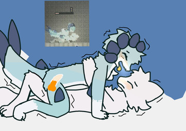 animal_genitalia animal_penis anthro blue_body blue_fur bodily_fluids canine_genitalia canine_penis cum cum_inside duo ejaculation female fur genital_fluids genitals knot male motion_lines penis white_body white_fur arcticolthetwinfox casualties:_unknown canid canine fox gunsawian mammal milky_(gunsawian) roza_(gunsawian) hi_res