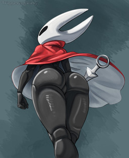 anthro big_butt biped black_body black_eyes butt cloak cloak_only clothing female looking_away mostly_nude simple_background solo standing thick_thighs weapon triggerpigart hollow_knight_(franchise) team_cherry hornet_(hollow_knight) arthropod insect 2025 absurd_res hi_res
