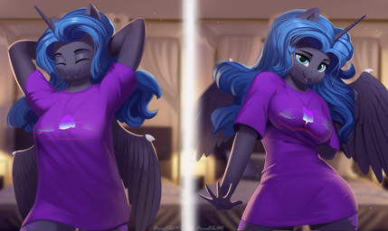 5_fingers anthro arms_above_head biped blue_eyes blue_hair breasts clothed clothed_anthro clothed_female clothing eyes_closed fangs feathered_wings feathers female female_anthro fingers hair hands_behind_head horn humanoid_hands inside long_hair open_mouth open_smile oversized_clothing oversized_shirt oversized_topwear pajamas pantsless pantsless_anthro pantsless_female purple_clothing purple_shirt purple_t-shirt purple_topwear shirt smile solo synthwave t-shirt teeth topwear wings discordthege friendship_is_magic hasbro my_little_pony mythology t-shirt/pajamas_challenge nightmare_moon_(mlp) equid equine mammal mythological_creature mythological_equine winged_unicorn 2020 colored digital_media_(artwork) hi_res