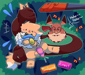 ambiguous_gender animal_genitalia animal_penis balls beady_eyes big_hands blue_collar blush bodily_fluids canine_genitalia canine_penis collar duo fangs feral fluffy fluffy_tail forest forest_background gameplay_mechanics genital_fluids genitals gui health_bar held_by_ears held_by_tail leaking_precum male musical_note musical_symbol name_tag nature nature_background paws penis plant precum presenting restrained shocked simple_eyes speech_bubble status_effect sweat symbol tail teeth text tree wet_dick worried suta-star nintendo pokemon eva_(top_bitch) eevee generation_1_pokemon generation_7_pokemon mimikyu pokemon_(species) hi_res shaded