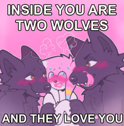 anthro black_body blush blush_lines group hair male male/male multicolored_hair pink_hair predator/prey rainbow_hair scared size_difference text tongue tongue_out trio cockinnit sockonnit inside_you_there_are_two_wolves canid canine canis chihuahua domestic_dog mammal toy_dog wolf meme