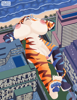 4_toes 5_fingers anthro beach beverage big_breasts biped bird's-eye_view blue_nose blue_pawpads breasts brown_hair building building_destruction city container cup destruction drinking_glass feet fingers fur genitals glans glass glass_container glass_cup gynomorph hair high-angle_view humanoid_genitalia humanoid_penis intersex isometric logo lying macro nipples on_back open_mouth orange_body orange_fur pawpads penis pink_glans pink_nipples solo spill stripes swimming_pool text toes vein veiny_penis galaxy_tigress riggi_(character) ambient_human felid mammal pantherine tiger 2024 artist_logo artist_name dated digital_drawing_(artwork) digital_media_(artwork) english_text hi_res