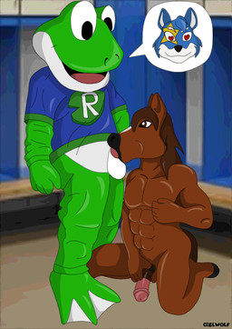animal_genitalia animal_penis anthro blue_body blue_fur brown_body brown_eyes clothing duo equine_genitalia equine_penis fellatio fur genitals male male/male mascot mascot_costume muscular muscular_anthro muscular_male oral penile penis pink_penis sex suit ciel-wolf amphibian canid canine canis equid equine frog horse mammal wolf