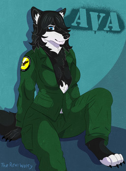 5_fingers 5_toes anthro black_body black_fur blue_eyes bottomwear breasts claws clothing digitigrade feet female fingers fur fur_tuft hair military military_jacket military_uniform pants pockets pose sitting smile solo tail text toes tuft uniform therealwolfy the_swan's_song ava_hampshire_(fieldsmarshalv22) canid canine dire_wolf mammal prehistoric_species absurd_res colored colored_sketch digital_drawing_(artwork) digital_media_(artwork) hi_res model_sheet shaded sketch