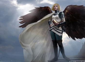 armor basket_hilt belt blonde_hair boots bracers breasts brown_body brown_feathers cape cloak clothed clothing cloud feathered_wings feathers female footwear hair melee_weapon outside pauldron rapier scabbard shoes short_hair sky skyscape solo sun sword weapon wings igor_kieryluk hasbro magic:_the_gathering wizards_of_the_coast angel 2011 official_art