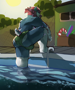 anthro beard blue_body blue_fur bulge butt clothing day facial_hair fur green_clothing green_speedo green_swimwear hair hair_bun leg_in_water light looking_down male mature_anthro mature_male outside partially_submerged pink_hair poolside pose rear_view solo speedo step_pose sun sunlight swimming_pool swimwear water wet wet_body wet_fur srapolowo francisco_manuel canid canine canis domestic_dog herding_dog mammal pastoral_dog welsh_corgi hi_res lighting