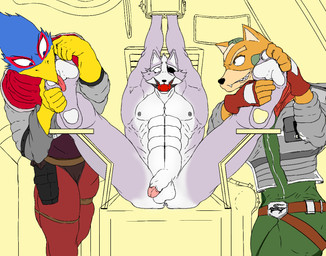 abs anthro ball_gag balls beak black_nose blue_body blue_feathers cheek_tuft clothed clothed_anthro clothed_male clothing eye_patch eyewear facial_tuft feathers feet foot_fetish foot_lick foot_play fur fur_tuft gag gagged genitals glans gloves grey_body grey_fur group handwear humanoid_genitalia humanoid_penis jacket licking male multicolored_body multicolored_fur muscular muscular_anthro muscular_male nipples nude nude_anthro nude_male orange_body orange_fur pawpads pecs penis raised_arms soles talon_hands teeth tickle_fetish tickle_torture tickling tickling_feet tongue tongue_out topwear trio tuft white_body white_fur yellow_beak vhenus nintendo star_fox falco_lombardi fox_mccloud wolf_o'donnell avian bird canid canine canis fox mammal wolf unfinished