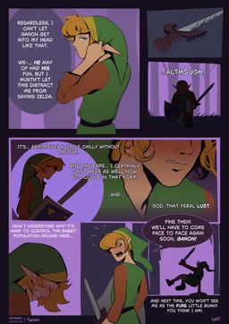 blonde_hair blue_eyes blush bottomwear clothed clothing dialogue exclamation_point fingers hair male melee_weapon not_furry shield side_view solo speech_bubble standing sword teeth text topwear weapon twang nintendo the_legend_of_zelda link humanoid hylian comic english_text hi_res