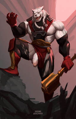 anthro armwear big_penis boots bottomwear bottomwear_aside braided_hair clothing clothing_aside elbow_gloves flaccid footwear foreskin fur genitals glans gloves hair handwear humanoid_genitalia humanoid_penis ineffective_clothing ineffective_loincloth loincloth loincloth_aside looking_at_viewer mace male melee_weapon muscular muscular_anthro muscular_male pants penis retracted_foreskin shoes smile smirk solo torn_bottomwear torn_clothing torn_pants weapon white_body white_fur sooxand image_comics invincible_(image_comics) thokk_(invincible) felid lion mammal pantherine hi_res