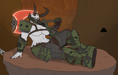 axe battle_axe big_breasts breasts clothed clothing female grey_body grey_skin holding_object holding_weapon horn looking_at_viewer mask melee_weapon muscular muscular_female muscular_humanoid not_furry reclining solo weapon methados doom_(series) doom_eternal id_software microsoft demon demon_humanoid humanoid marauder_(doom) 2020 absurd_res full-length_portrait hi_res portrait