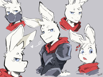 anthro armor blue_eyes clothing fur heart_symbol looking_at_viewer mask pose solo white_body white_fur lumii i_think_i_like_you sky_(i_think_i_like_you) lagomorph leporid mammal rabbit 4:3 absurd_res hi_res