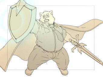 anthro belly bottomwear clothing kemono male melee_weapon necktie overweight overweight_anthro overweight_male pants shield shirt solo sword topwear weapon inunoshippo mammal 2019 4:3