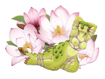 anthro bdsm beak bondage bound eyes_closed female flower happy kinbaku magnolia navel nipples nude nude_female pink_nipples plant restraints rope rope_bondage rope_harness scaled simple_background smile solo white_background thetiedtigress ankylosaurian ankylosaurid ankylosaurus dinosaur ornithischian prehistoric_species reptile scalie thyreophoran 4:3