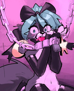 accessory anthro arm_warmers armwear ball_gag bdsm big_tail bondage bound bow_ribbon chain chained_collar chained_cuffs clothing collar ear_piercing ear_ring female fur gag gagged green_eyes green_hair grey_body grey_fur hair hair_accessory hair_bow hair_ribbon legwear lock padlock piercing ribbons ring_piercing solo stockings tail teal_hair thigh_highs white_body white_fur wide_eyed bitkat domestic_cat felid feline felis mammal hi_res