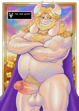 anthro balls beard belly big_belly big_breasts big_butt blonde_hair blush body_hair breasts butt chest_hair clothed clothing erection facial_hair fur genitals hair horn humanoid_genitalia lying male muscular muscular_anthro muscular_male nipples nude on_front overweight overweight_male penis pubes simple_background smile solo text white_body white_fur jirux deltarune undertale undertale_(series) asgore_dreemurr boss_monster_(undertale) bovid bovine caprine goat mammal sheep ruby_(disambiguation) 2026 absurd_res digital_media_(artwork) hi_res