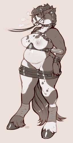 anthro bdsm belly big_belly bondage bound collar ear_piercing ear_ring ear_stud female fur gag gagged glistening glistening_eyes hair hands_tied nipples nude overweight overweight_anthro overweight_female petplay piercing ponyplay ring_piercing roleplay short_hair simple_background solo spiked_collar spikes standing text seraphictiger equid equine horse mammal artist_name hi_res monochrome