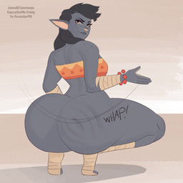 arm_wraps bedroom_eyes big_butt black_hair bottom_heavy bra butt butt_slap cartoon_freckles clothing crouching dreadlocks eyelashes female freckled_face freckled_shoulders freckles grey_body grey_scales grey_sclera hair half-closed_eyes huge_butt humanoid_pointy_ears leg_wraps long_eyelashes motion_lines narrowed_eyes onomatopoeia pear-shaped_figure pointy_ears scales seductive slap smile smirk smug smug_face sound_effects text thick_thighs underwear wide_hips wraps jamesab firbolg_monk_(rapscallion) firbolg humanoid 1:1 english_text hi_res