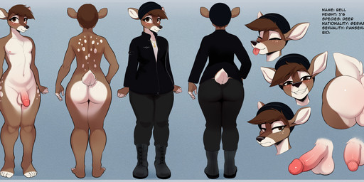 anthro anus backsack balls belly blush boots clothing feet femboy footwear genitals humanoid_feet humanoid_genitalia humanoid_penis male nude penis perineum plantigrade shoes solo spots text tongue delki bell_(bellum32) deer mammal 2025 absurd_res english_text hi_res model_sheet multiple_scenes