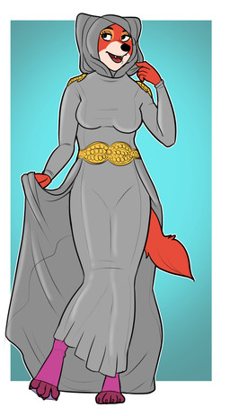 anthro belt clothing dress feet female headscarf legwear paws ribbons robe simple_background solo pitfallpup disney robin_hood_(disney) maid_marian canid canine fox mammal red_fox true_fox absurd_res hi_res source_request unavailable_at_source